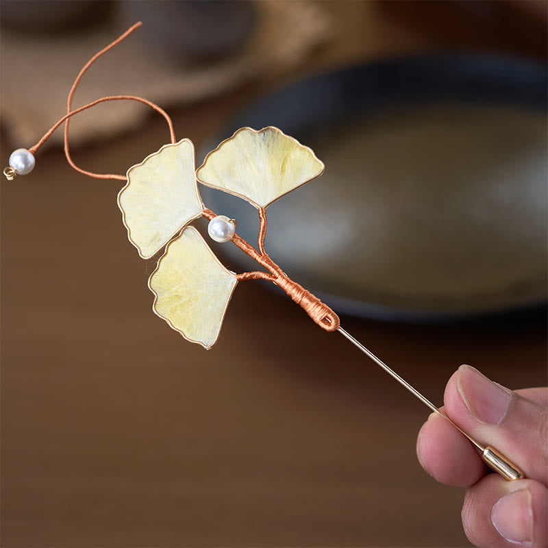 Nimara Ritual Handcrafted Silk Art Velvet Flower Ginkgo Leaf Brooch