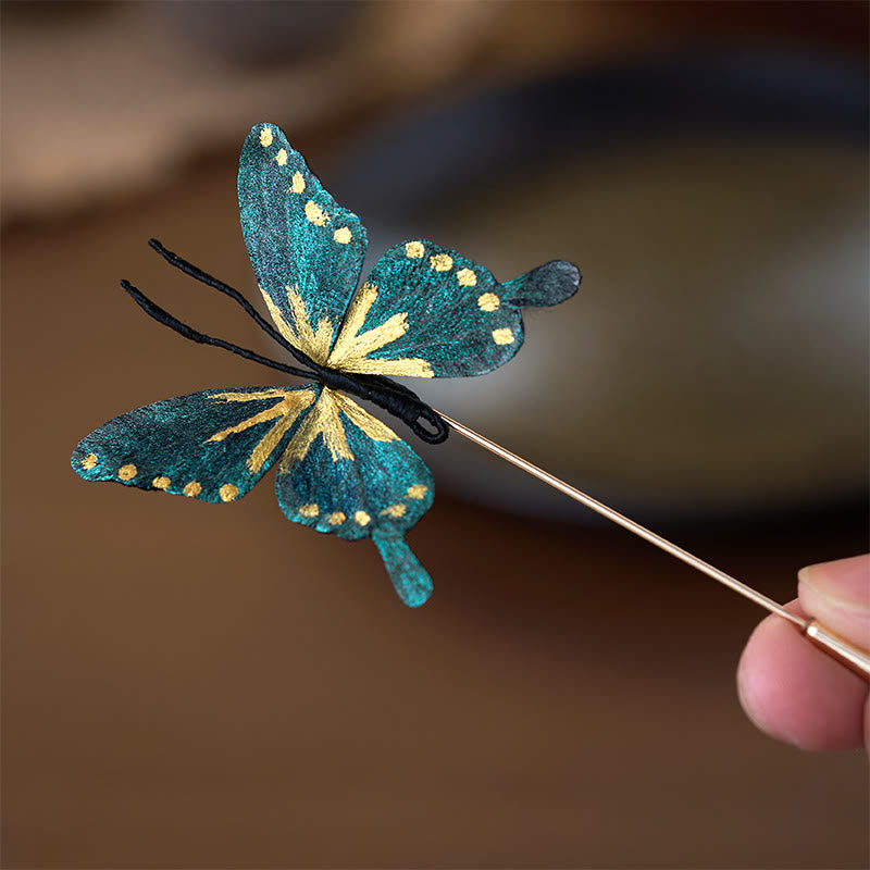 Nimara Ritual Handcrafted Silk Art Velvet Flower Golden Blue Butterfly Brooch