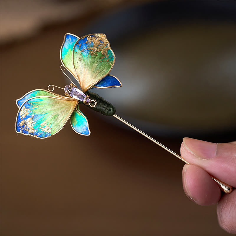 Nimara Ritual Handcrafted Silk Art Velvet Flower Blue Green Gradient Butterfly Brooch