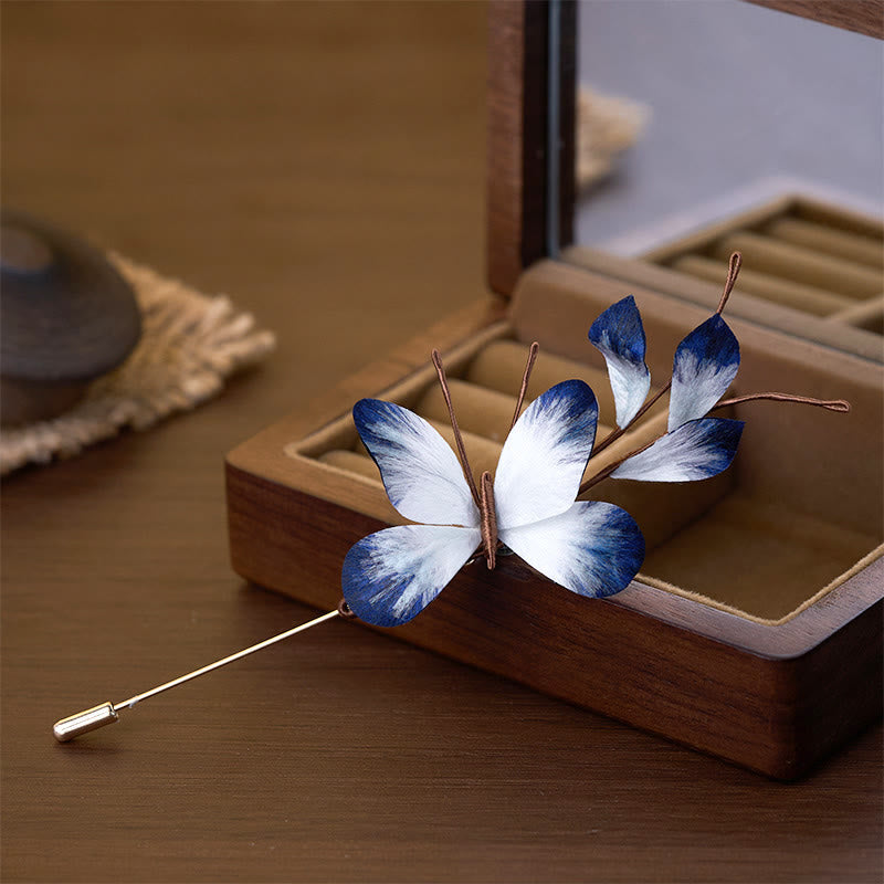 Nimara Ritual Handcrafted Silk Art Velvet Flower White Butterfly Brooch