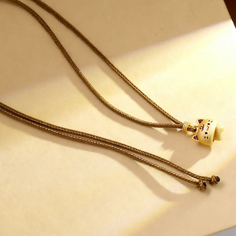Nimara Ritual Cute Cat Copper Plated Gold Adjustable Braided Rope Protection Necklace Pendant