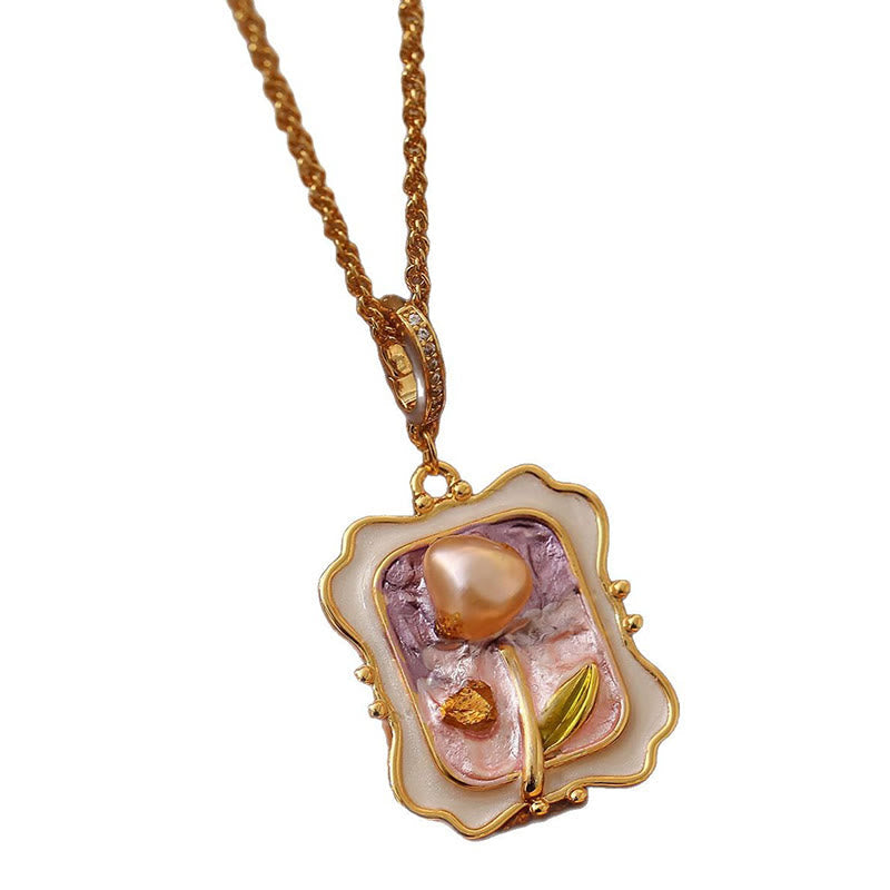 Nimara Ritual Flower Oil Painting Pearl Copper Healing Necklace Pendant