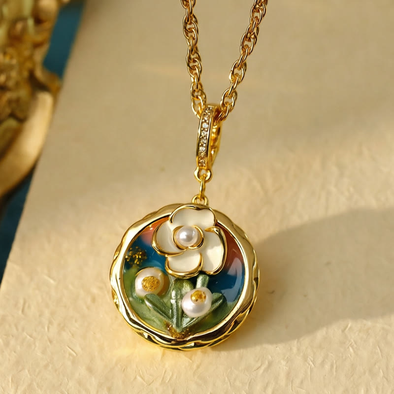 Nimara Ritual Retro Round Oil Painting Flower Design Copper Wealth Necklace Pendant
