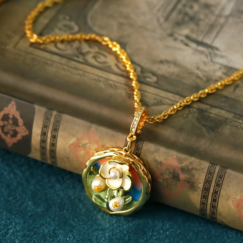 Nimara Ritual Retro Round Oil Painting Flower Design Copper Wealth Necklace Pendant