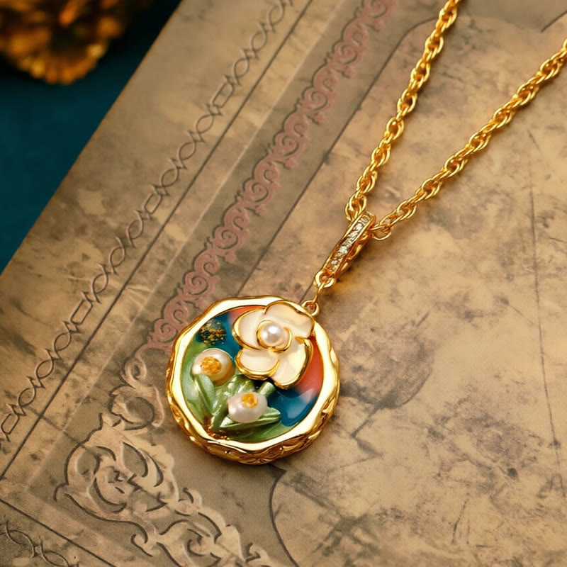 Nimara Ritual Retro Round Oil Painting Flower Design Copper Wealth Necklace Pendant
