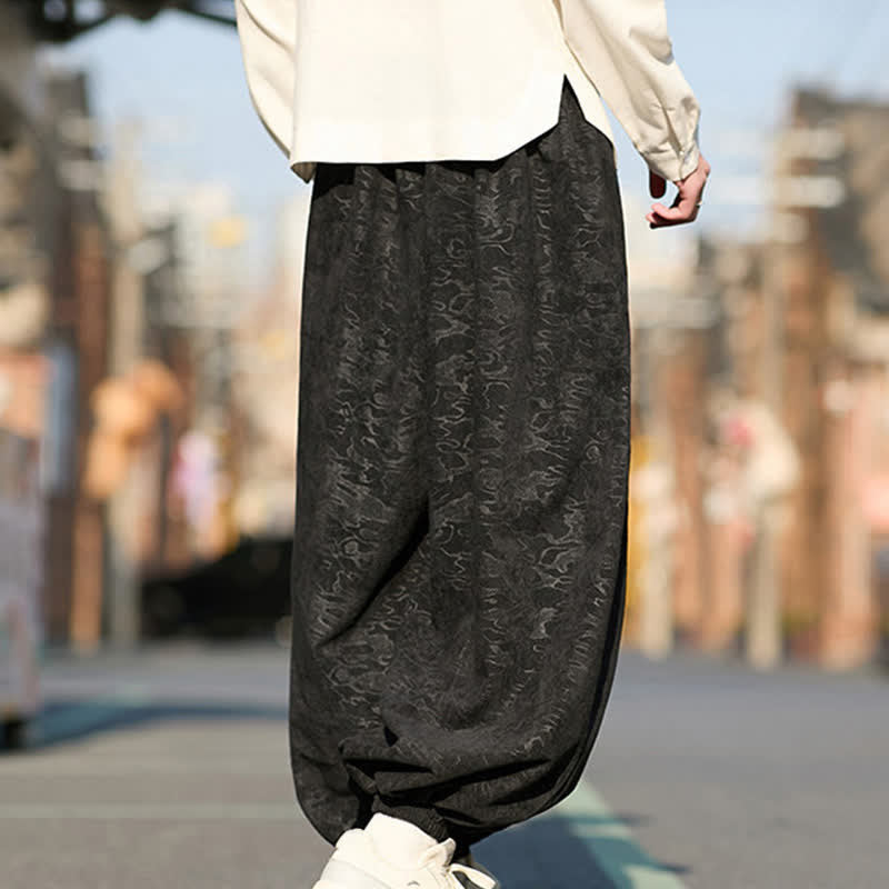 Nimara Ritual Black Jacquard Drawstring Elastic Cuff Men's Harem Pants With Pockets