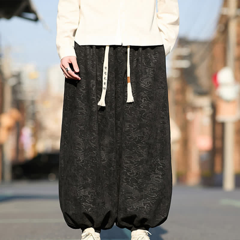 Nimara Ritual Black Jacquard Drawstring Elastic Cuff Men's Harem Pants With Pockets