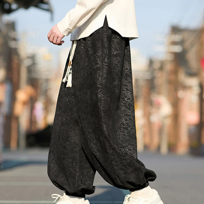 Nimara Ritual Black Jacquard Drawstring Elastic Cuff Men's Harem Pants With Pockets