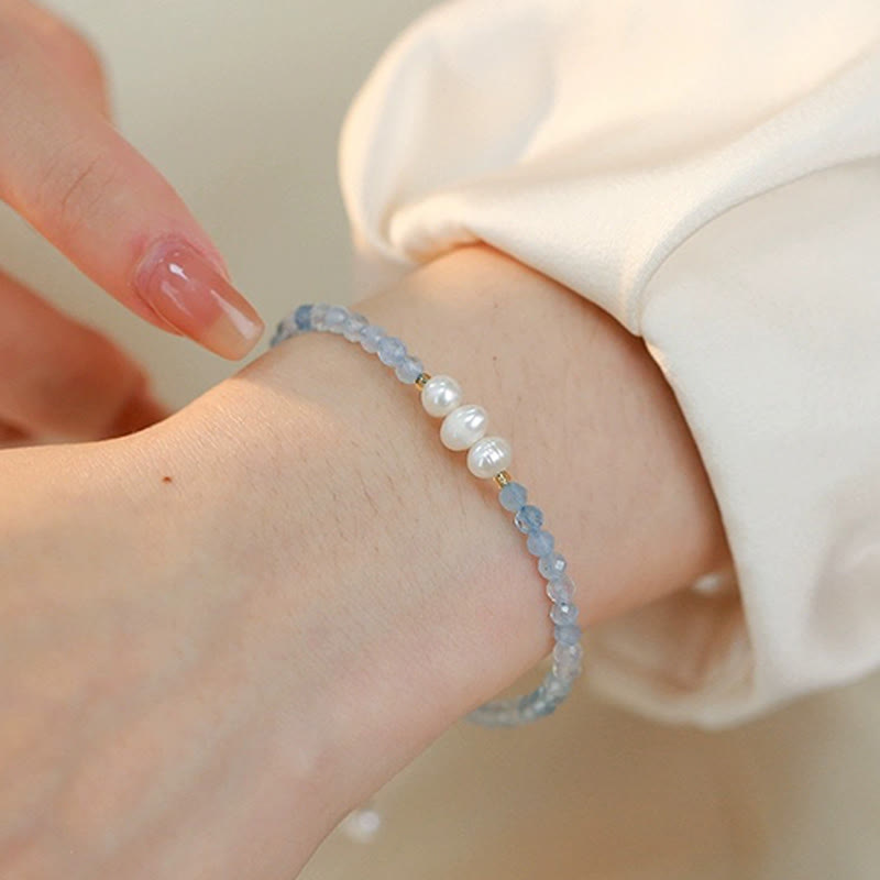 Serenity and Healing Natural Aquamarine Fine 4mm Bead Pearl Bracelet