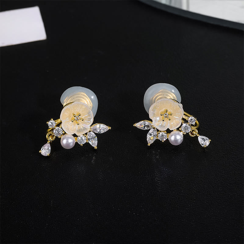 Nimara Ritual White Rose Flower Zircon Copper Luck Clip-on Stud Earrings
