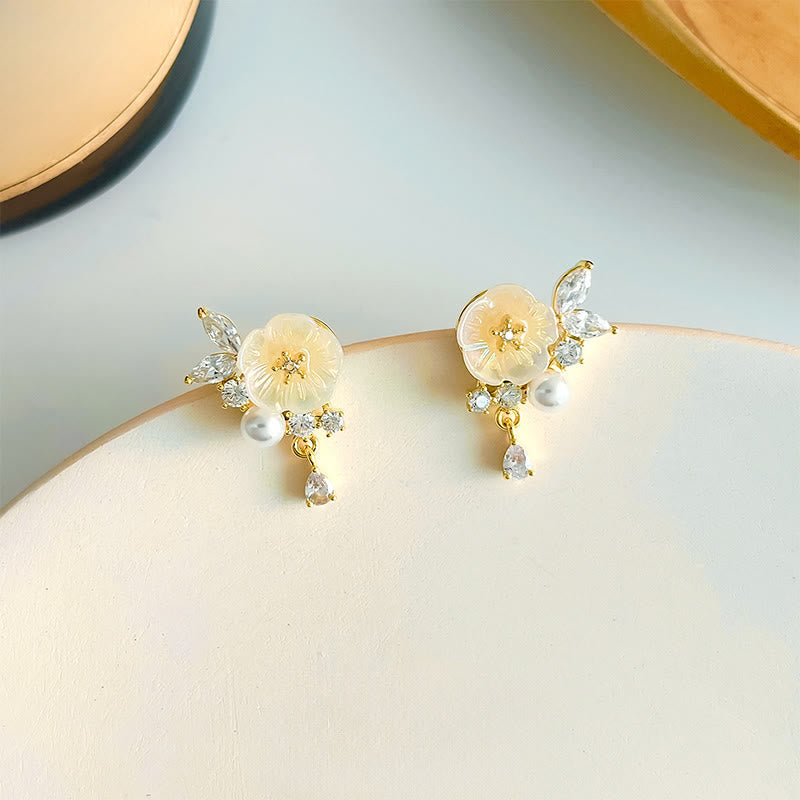 Nimara Ritual White Rose Flower Zircon Copper Luck Clip-on Stud Earrings