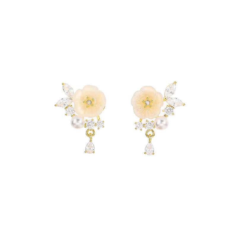 Nimara Ritual White Rose Flower Zircon Copper Luck Clip-on Stud Earrings