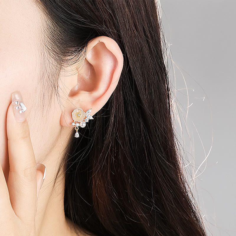 Nimara Ritual White Rose Flower Zircon Copper Luck Clip-on Stud Earrings