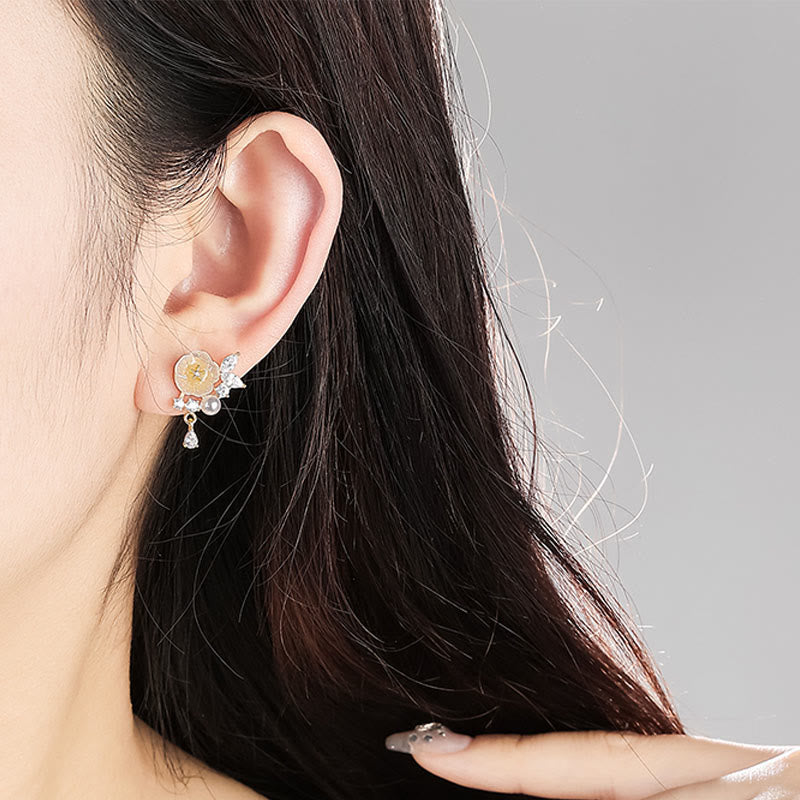 Nimara Ritual White Rose Flower Zircon Copper Luck Clip-on Stud Earrings