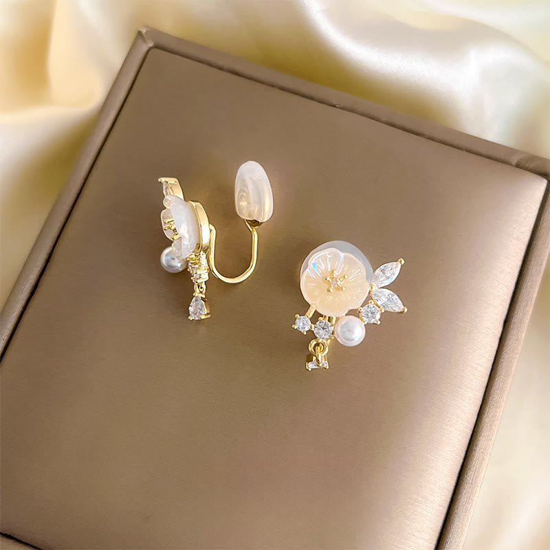 Nimara Ritual White Rose Flower Zircon Copper Luck Clip-on Stud Earrings