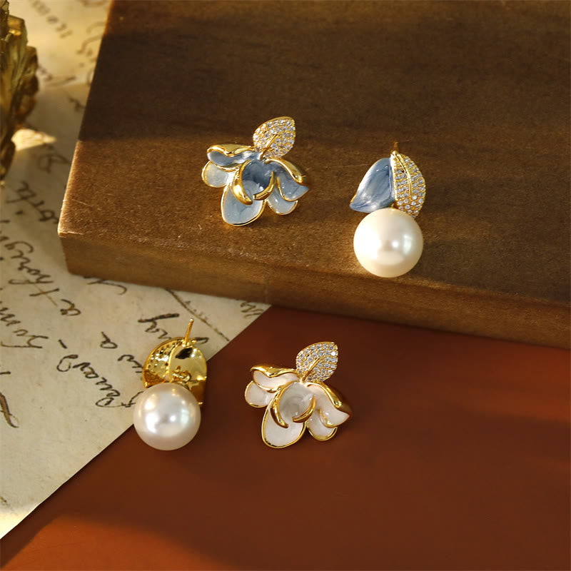Nimara Ritual Camellia Flower Zircon Copper Luck Stud Earrings