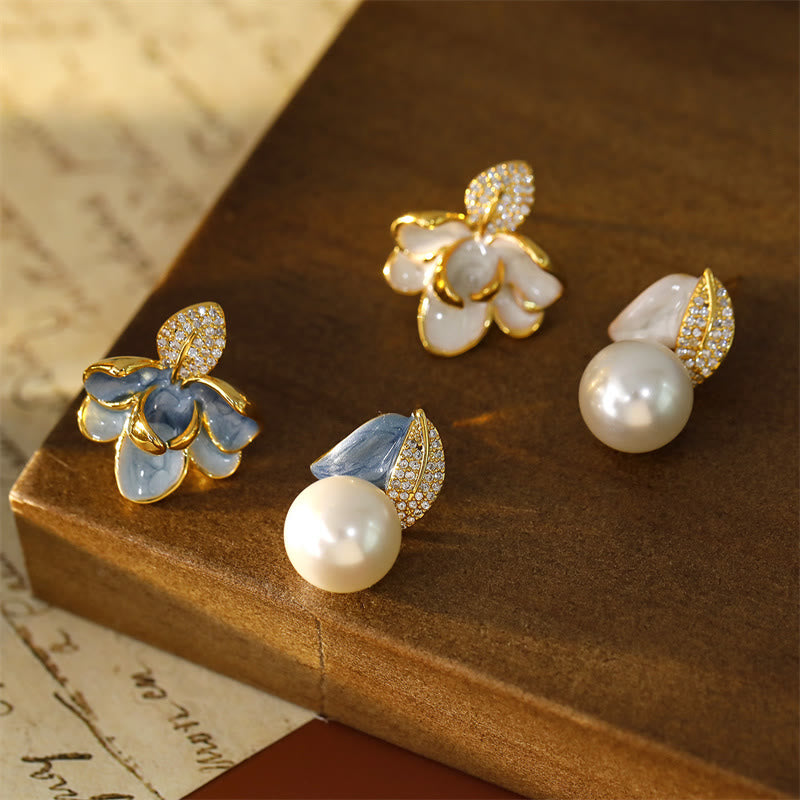 Nimara Ritual Camellia Flower Zircon Copper Luck Stud Earrings