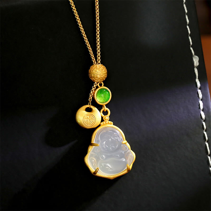 Nimara Ritual Fu Character Laughing Buddha Chalcedony Copper Fortune Necklace Pendant