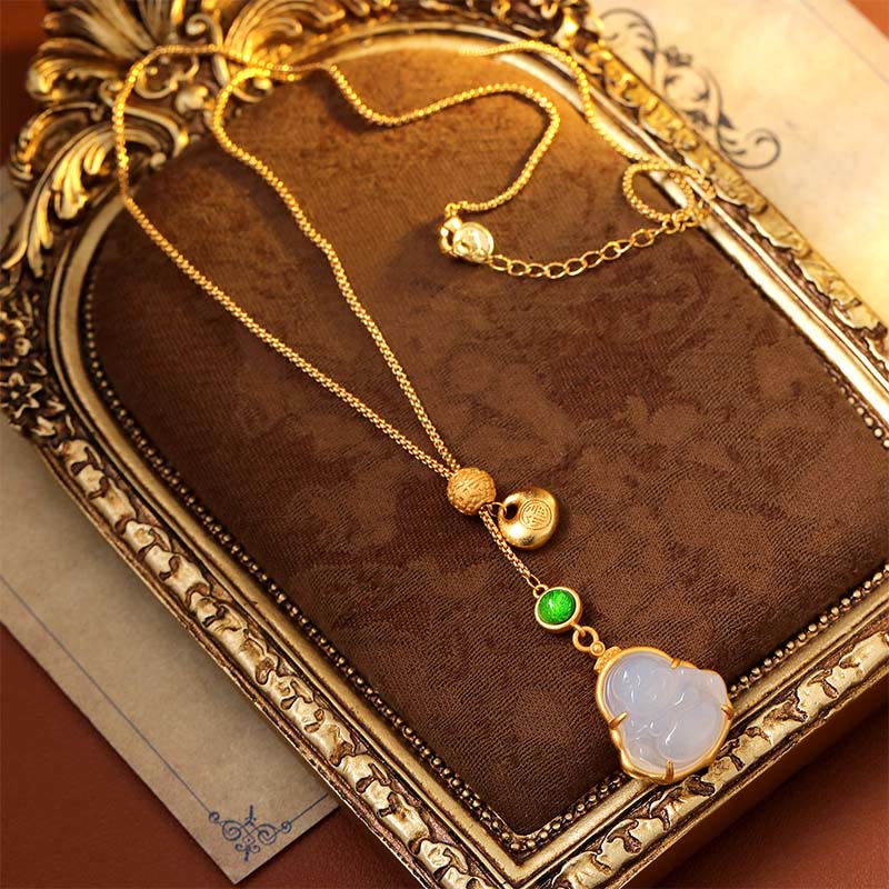 Nimara Ritual Fu Character Laughing Buddha Chalcedony Copper Fortune Necklace Pendant