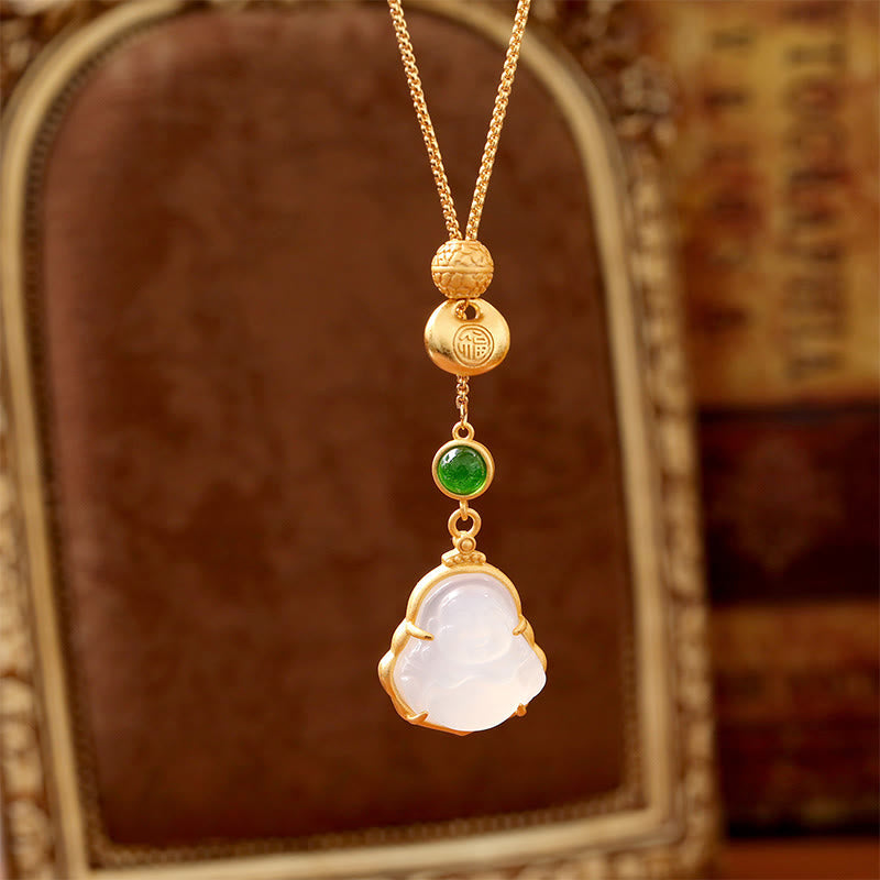 Nimara Ritual Fu Character Laughing Buddha Chalcedony Copper Fortune Necklace Pendant