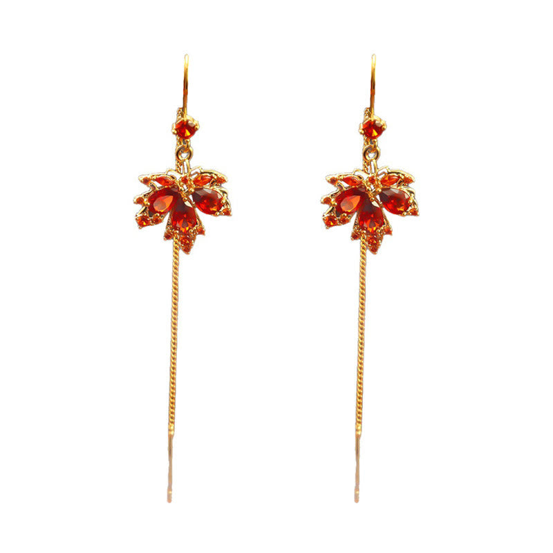 Nimara Ritual Maple Leaf Red Zircon Copper Luck Drop Dangle Earrings