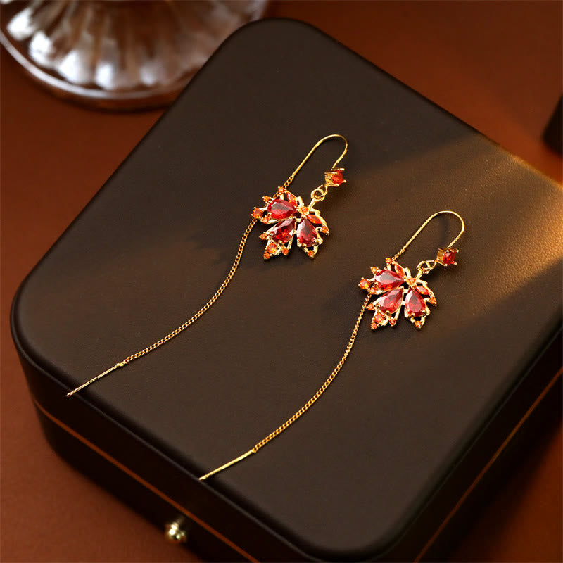 Nimara Ritual Maple Leaf Red Zircon Copper Luck Drop Dangle Earrings