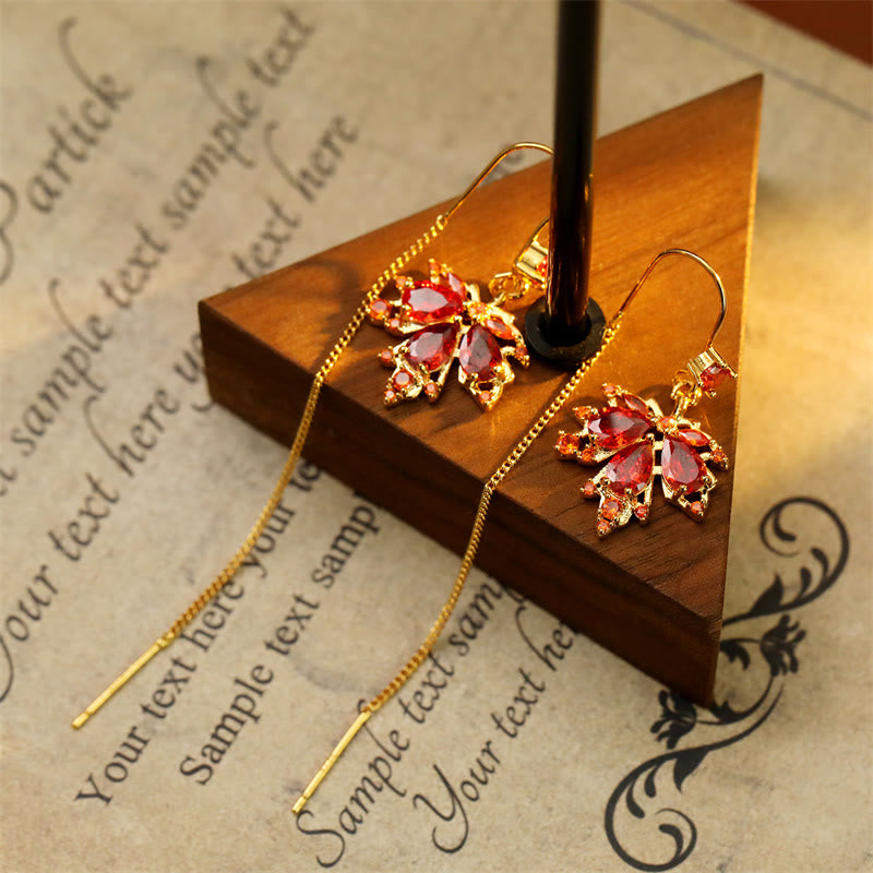 Nimara Ritual Maple Leaf Red Zircon Copper Luck Drop Dangle Earrings