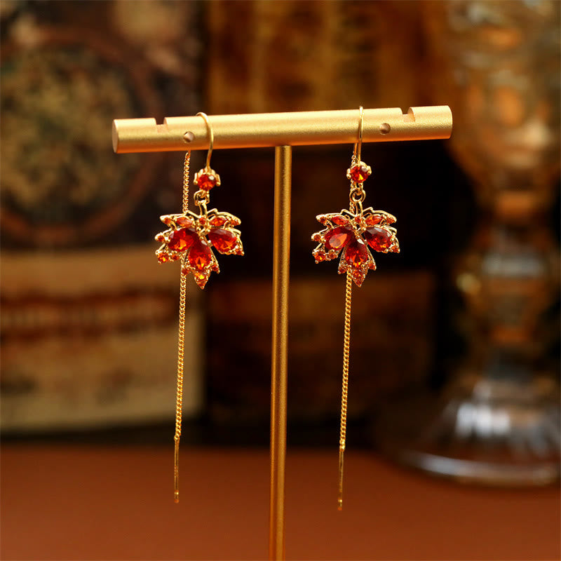 Nimara Ritual Maple Leaf Red Zircon Copper Luck Drop Dangle Earrings