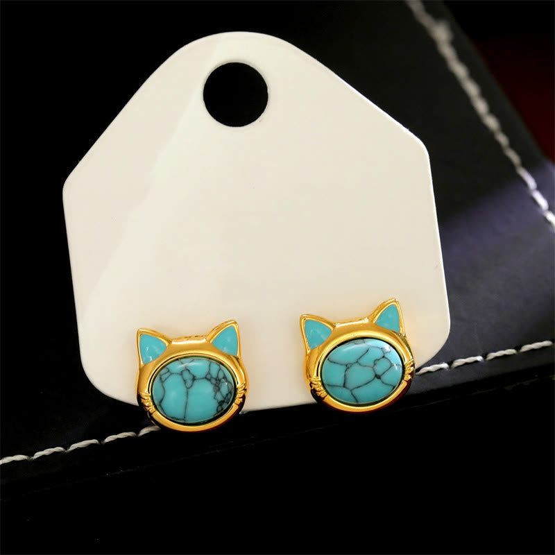 Nimara Ritual Turquoise Tiger Eye Cat Head Design Copper Protection Stud Earrings