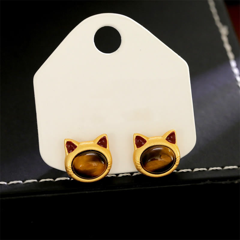 Nimara Ritual Turquoise Tiger Eye Cat Head Design Copper Protection Stud Earrings