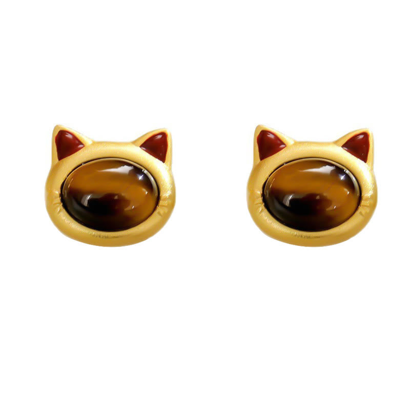 Nimara Ritual Turquoise Tiger Eye Cat Head Design Copper Protection Stud Earrings