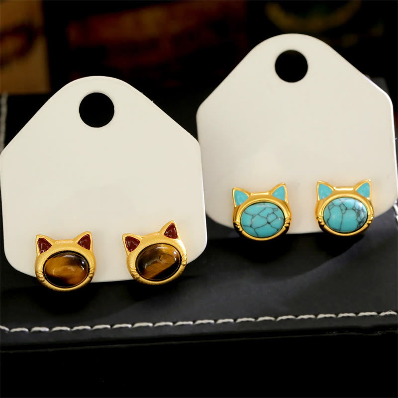 Nimara Ritual Turquoise Tiger Eye Cat Head Design Copper Protection Stud Earrings