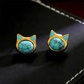 Nimara Ritual Turquoise Tiger Eye Cat Head Design Copper Protection Stud Earrings
