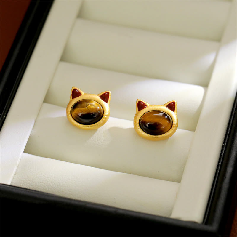 Nimara Ritual Turquoise Tiger Eye Cat Head Design Copper Protection Stud Earrings