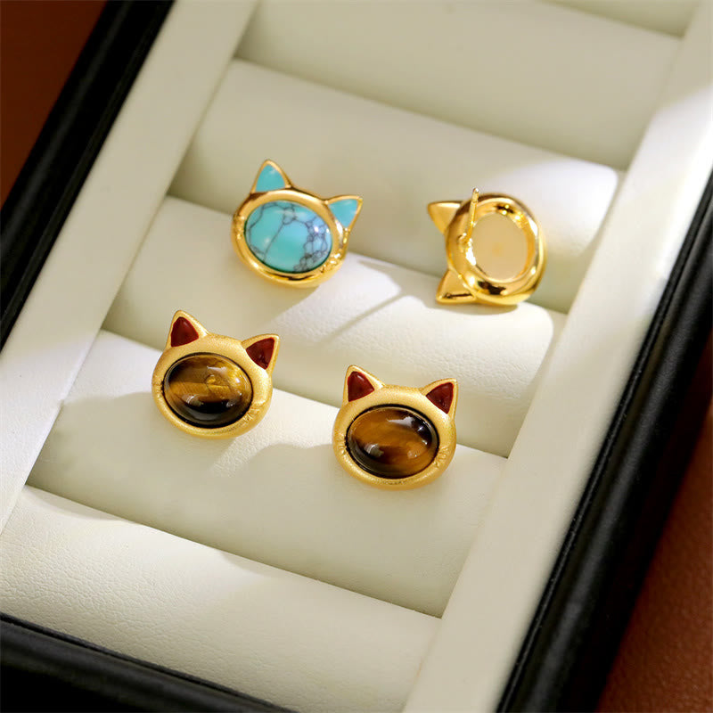 Nimara Ritual Turquoise Tiger Eye Cat Head Design Copper Protection Stud Earrings
