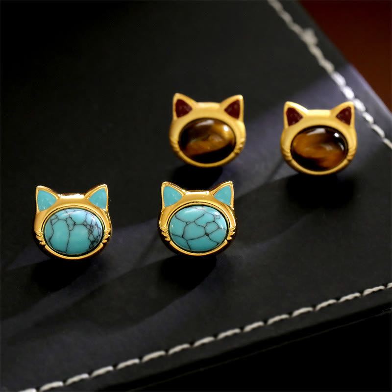 Nimara Ritual Turquoise Tiger Eye Cat Head Design Copper Protection Stud Earrings