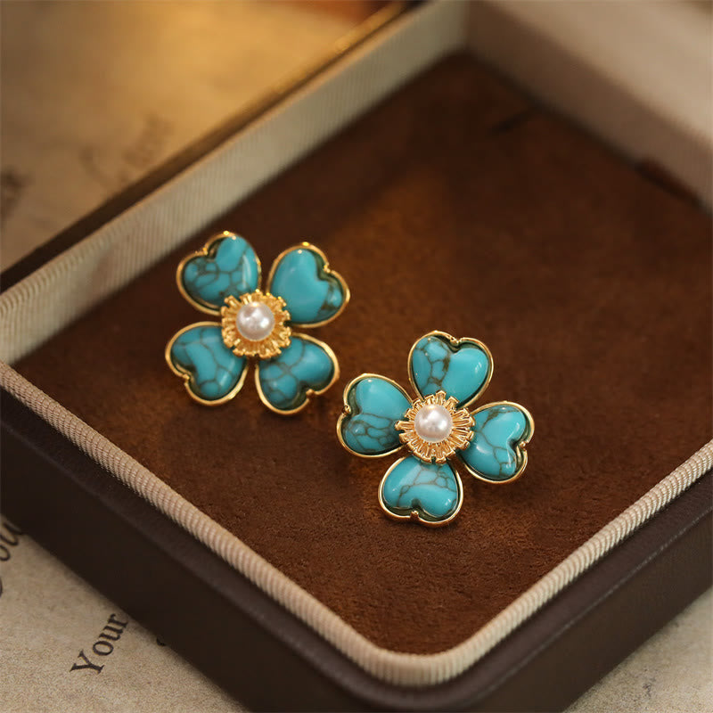 Nimara Ritual Turquoise Love Heart Flower Copper Healing Stud Earrings