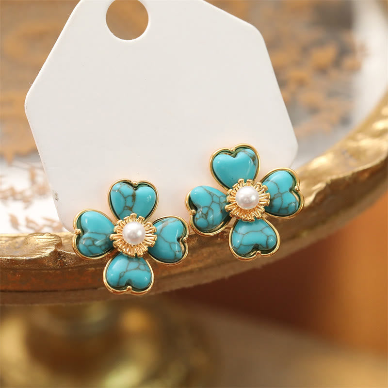 Nimara Ritual Turquoise Love Heart Flower Copper Healing Stud Earrings