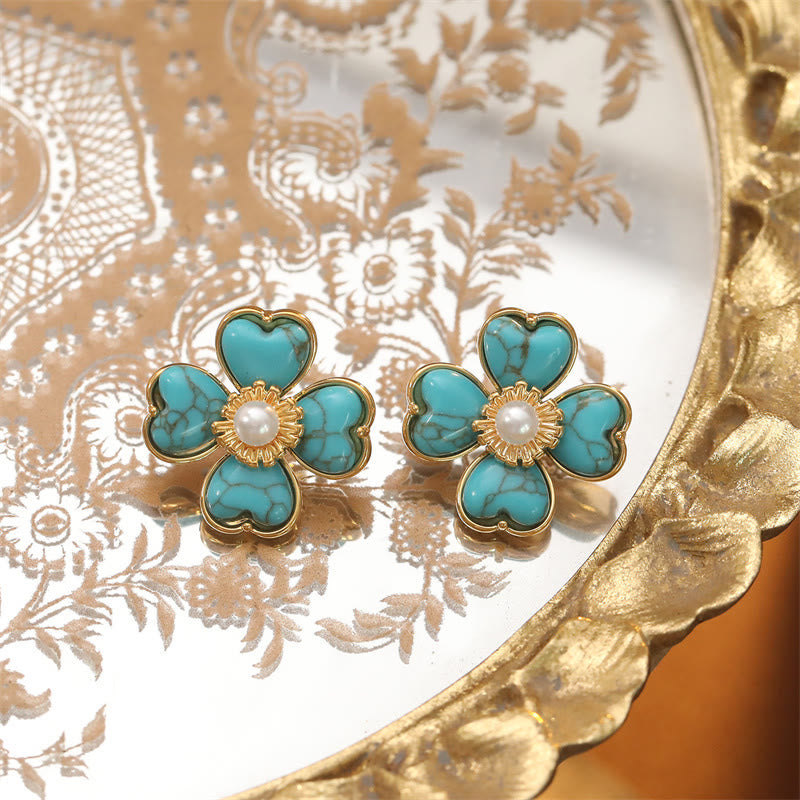 Nimara Ritual Turquoise Love Heart Flower Copper Healing Stud Earrings
