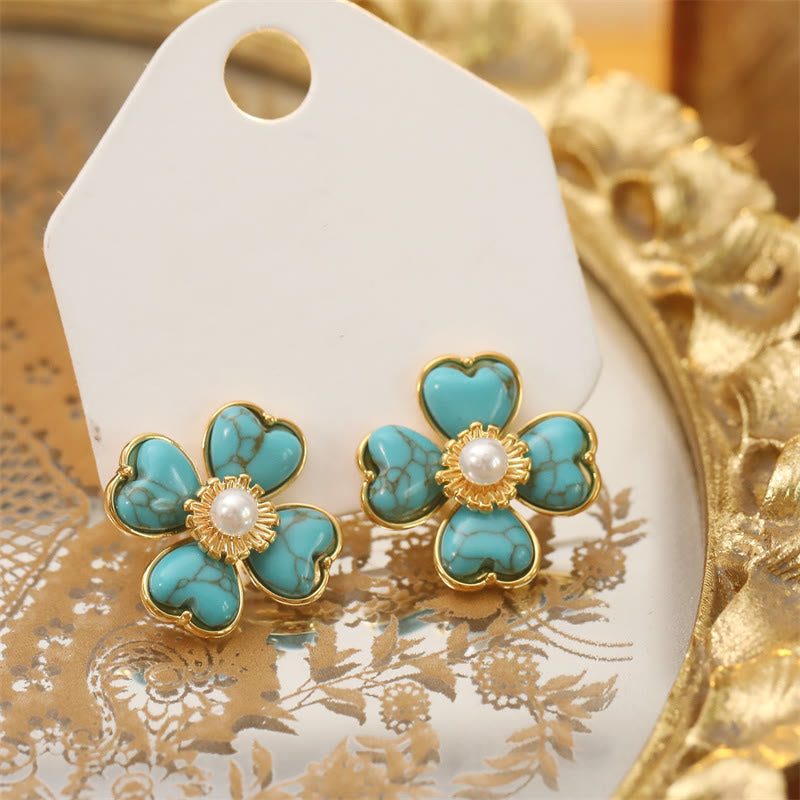 Nimara Ritual Turquoise Love Heart Flower Copper Healing Stud Earrings