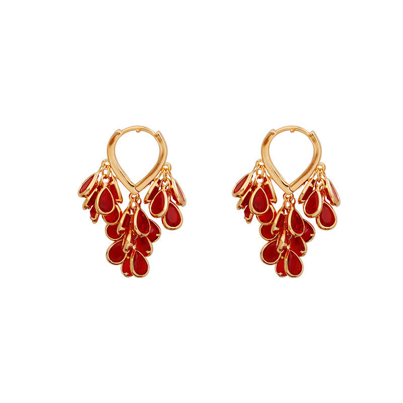 Nimara Ritual Red Water Droplet Tassel Healing Copper Hoop Earrings