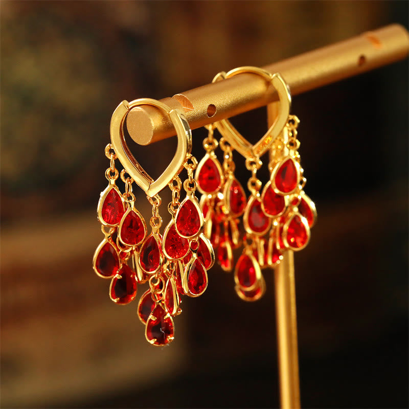 Nimara Ritual Red Water Droplet Tassel Healing Copper Hoop Earrings