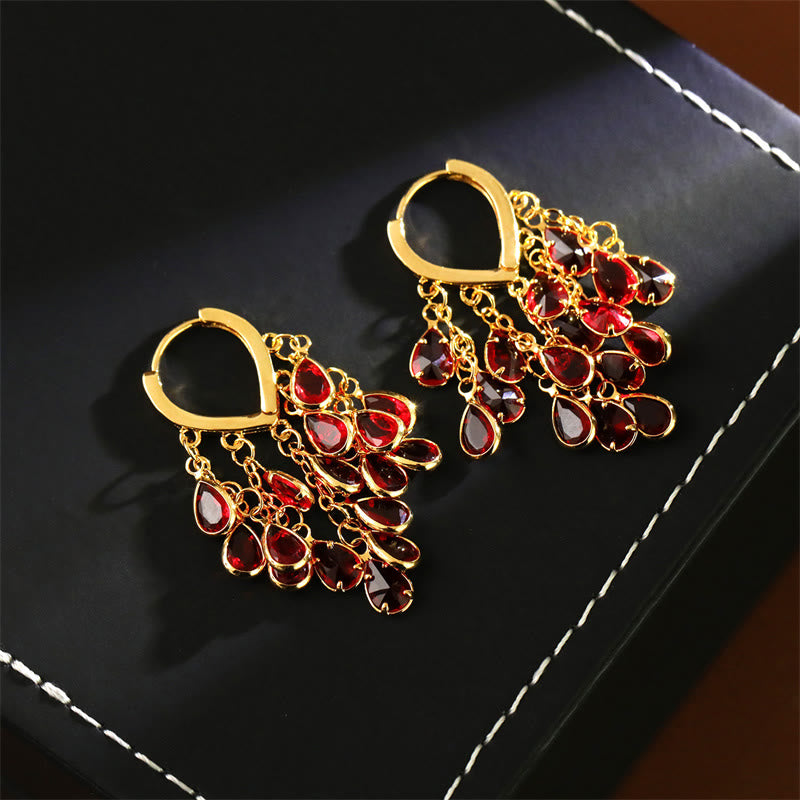 Nimara Ritual Red Water Droplet Tassel Healing Copper Hoop Earrings
