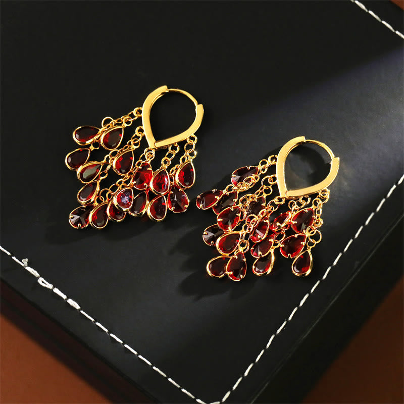 Nimara Ritual Red Water Droplet Tassel Healing Copper Hoop Earrings