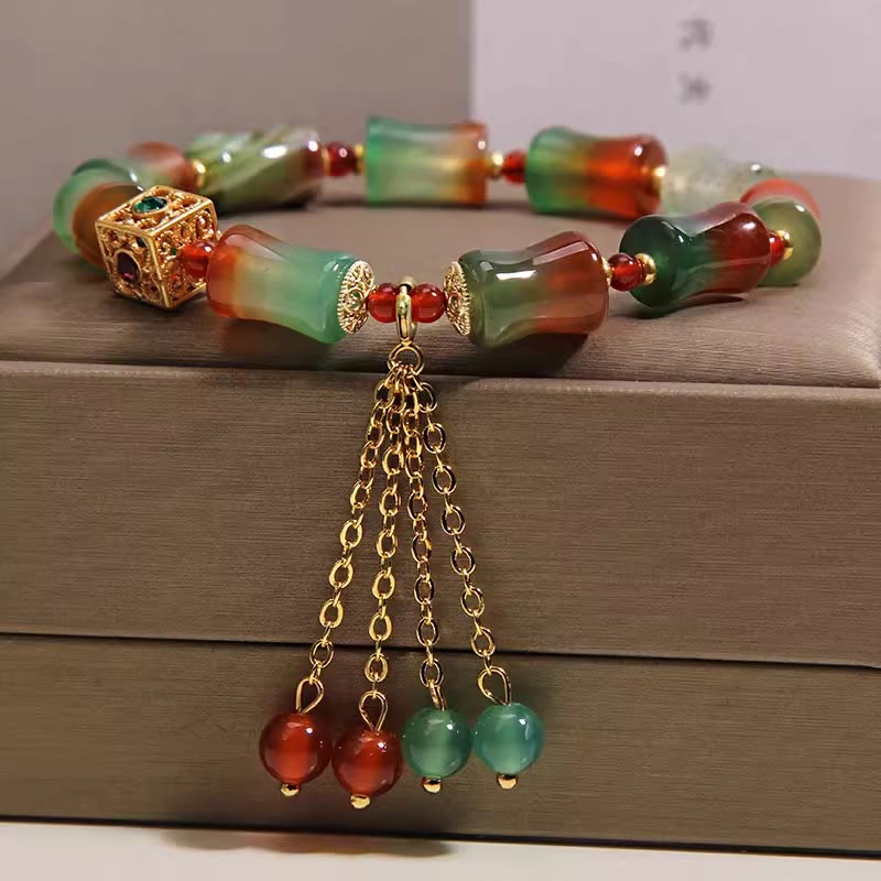 Nimara Ritual Colorful Peacock Agate Bamboo Beads Tassel Courage Bracelet