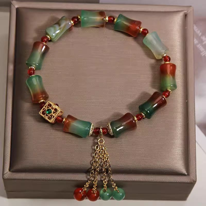 Nimara Ritual Colorful Peacock Agate Bamboo Beads Tassel Courage Bracelet