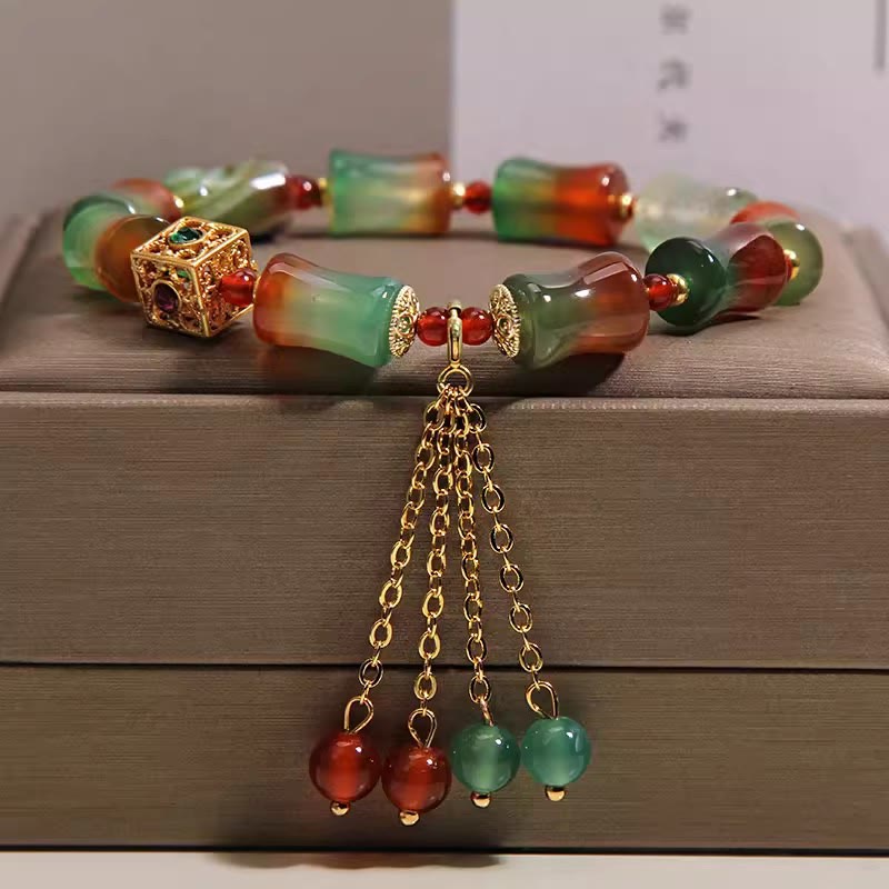 Nimara Ritual Colorful Peacock Agate Bamboo Beads Tassel Courage Bracelet