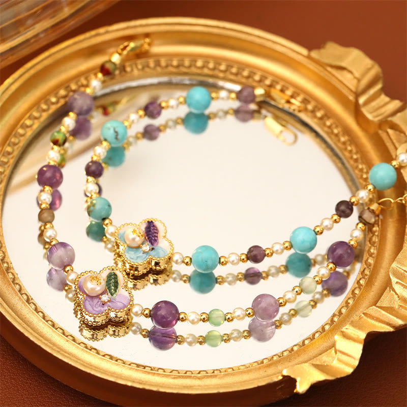 Nimara Ritual Pearl Turquoise Beads Flower Design Copper Luck Chain Bracelet
