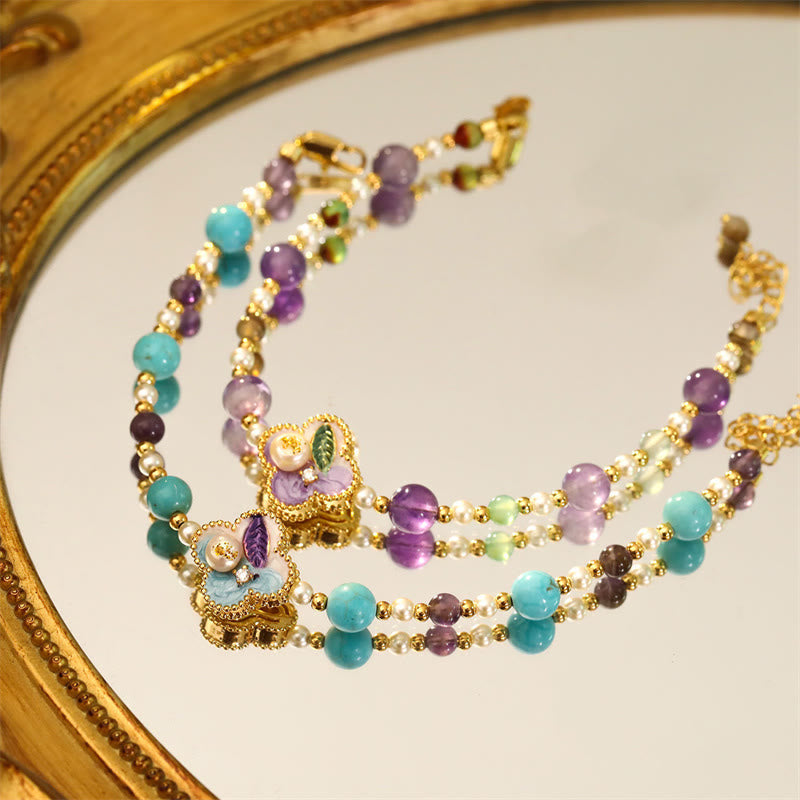 Nimara Ritual Pearl Turquoise Beads Flower Design Copper Luck Chain Bracelet