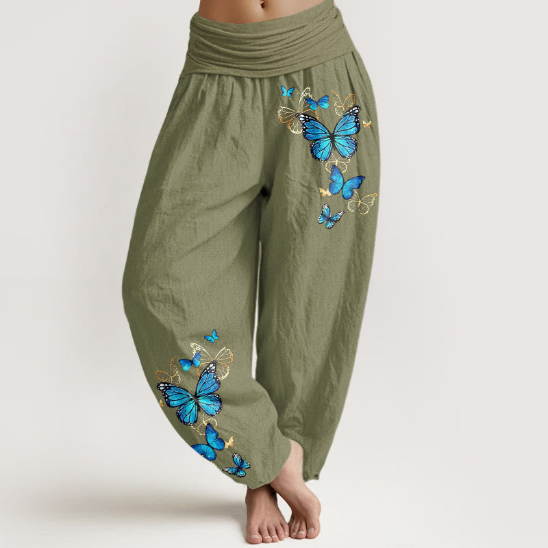 Nimara Ritual Cotton Butterfly Pattern Women's Elastic Waist Harem Pants